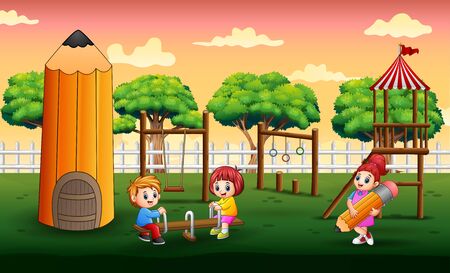 Happy children playing in playgroundのイラスト素材