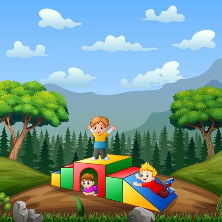 Happy kids playing in the playgroundのイラスト素材