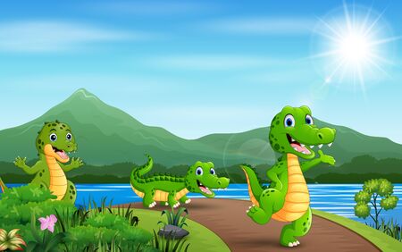 Happy three crocodiles walking on the roadのイラスト素材