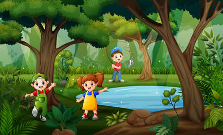 Many children having fun at the jungle illustrationのイラスト素材