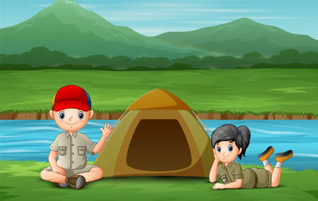Happy children camping on the riversideのイラスト素材