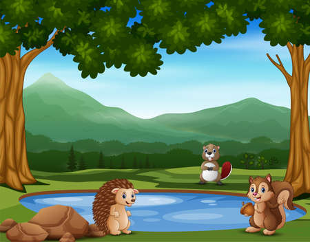 Animal cartoon standing near the small pondのイラスト素材