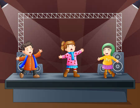 Happy kids singing on the stageのイラスト素材