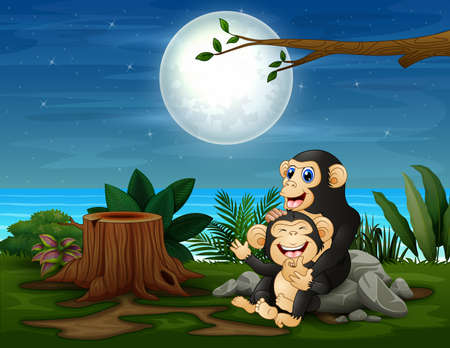The chimpanzee having fun at night landscapeのイラスト素材