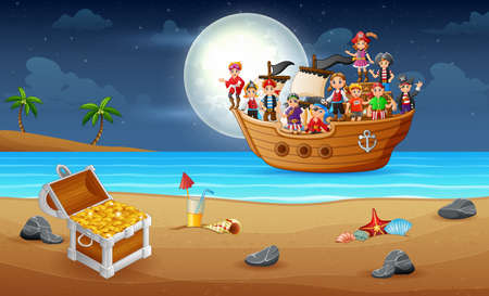 Pirate ship team on boat to search for treasureのイラスト素材