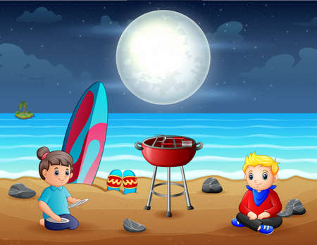 Evening barbeque on the beach illustrationのイラスト素材