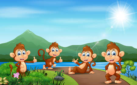 Group of monkey enjoying nature on roadのイラスト素材