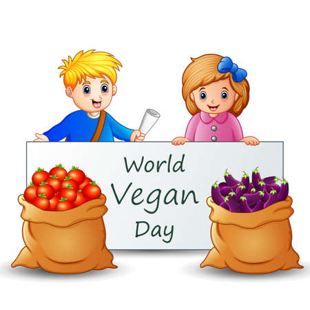 World Vegan Day text on sign with kids and vegetablesのイラスト素材