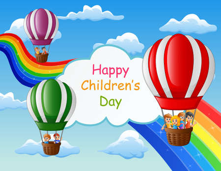 Happy children's day poster with kids in air balloonのイラスト素材