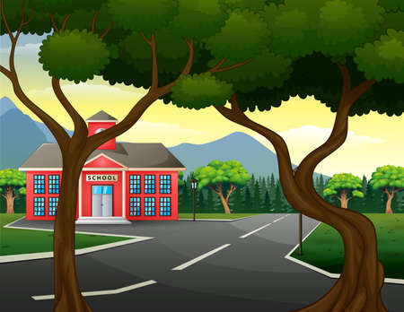 Street scene with school building and green natureのイラスト素材
