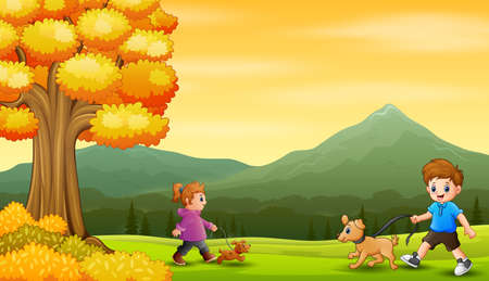 Kids walking with their pets at natureのイラスト素材