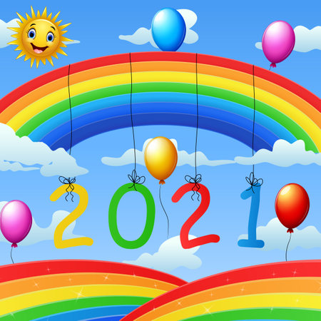 Happy New Year 2021 template design with rainbow and balloonsのイラスト素材