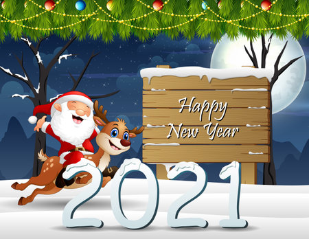 Happy New Year 2021 with Santa Claus riding a deerのイラスト素材