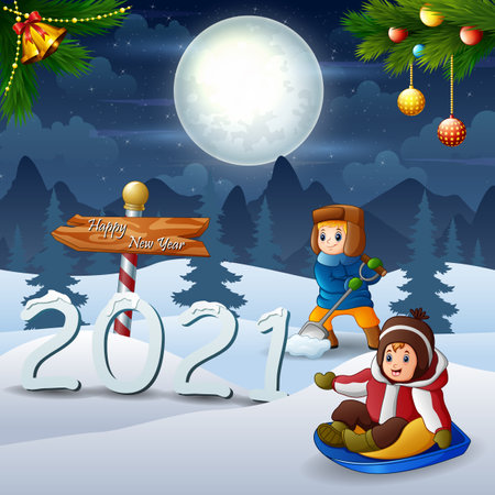 Children playing outside in winter nightのイラスト素材