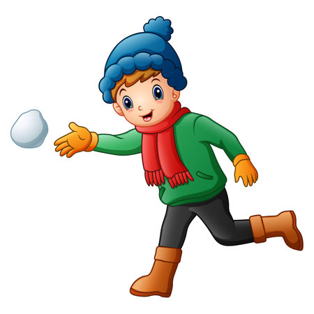 Cute little boy in winter clothes throwing snowballのイラスト素材