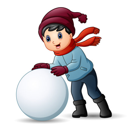 Cute little boy in winter clothes playing a snowballのイラスト素材