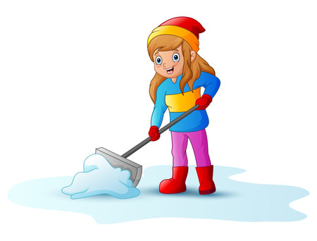 Cartoon girl cleaning snow using a shovelのイラスト素材