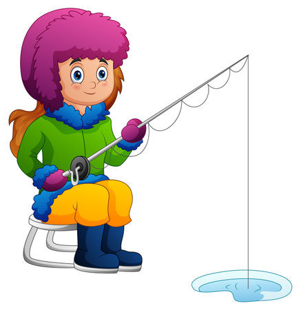 A girl fishing in winter illustrationのイラスト素材