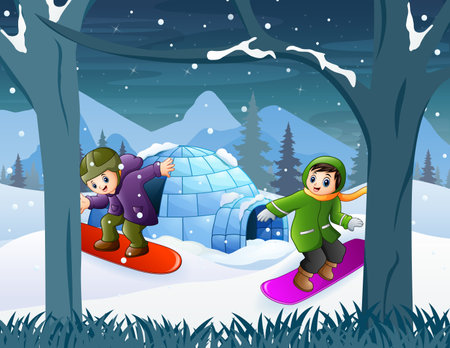 Children on snowboards in winter landscapeのイラスト素材