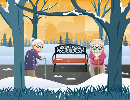Old grandparents in the winter park illustrationのイラスト素材