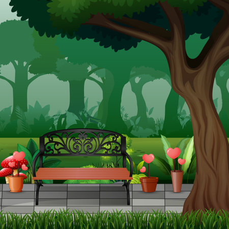 Wooden bench under the big tree in parkのイラスト素材