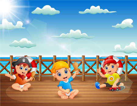 Cartoon baby pirates on a decks of a shipのイラスト素材