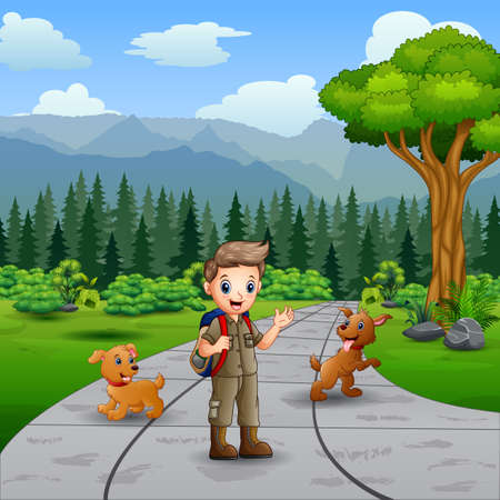 Illustration of young scout and dogs on the roadのイラスト素材