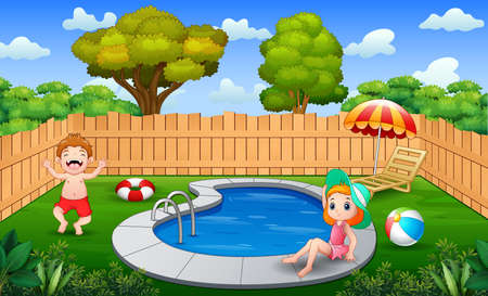 Happy girl and boy playing on pool edge in backyardのイラスト素材