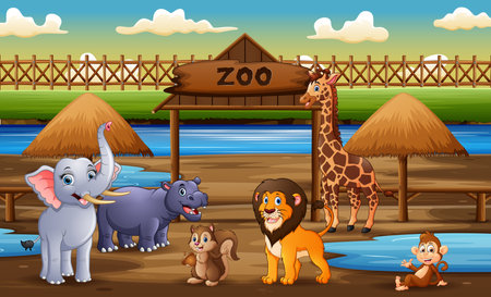 Scene with wild animals at the zoo park illustrationのイラスト素材