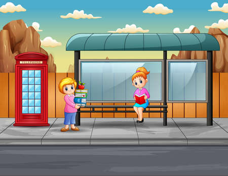 Cartoon two women holding books at the bus stopのイラスト素材