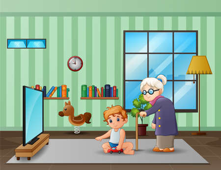 Grandmother and grandson in living roomのイラスト素材