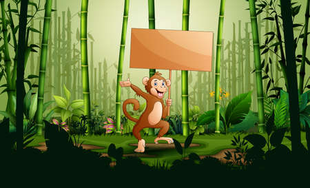 Cartoon a monkey holding wooden sign in the bamboo forest landscapeのイラスト素材
