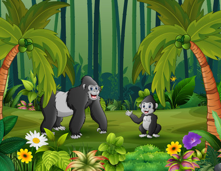 Cartoon a gorilla with her cub in forestのイラスト素材
