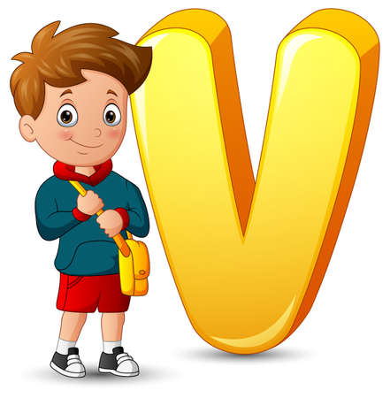 Illustration of alphabet V with a school boy standingのイラスト素材