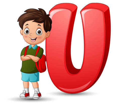 Illustration of a boy posing beside a letter Uのイラスト素材