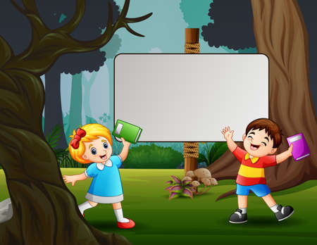 Cute a little boy and girl standing near the blank signのイラスト素材