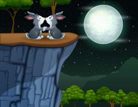 Cute a couple bunnies kissing on top of the cliffのイラスト素材