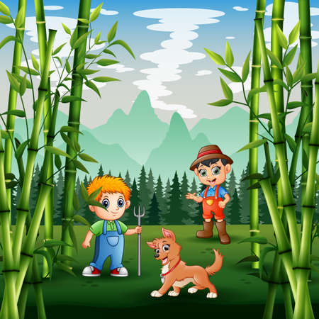 Cartoon young farmers in the green landのイラスト素材