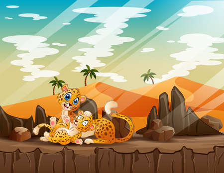 Happy a mother cheetah with her cub playing on the cliffのイラスト素材