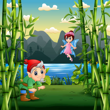 Cartoon a dwarf and fairy in the nature landscapeのイラスト素材