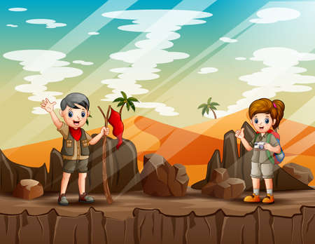 Cartoon the explorer children walking on the rocky mountainのイラスト素材