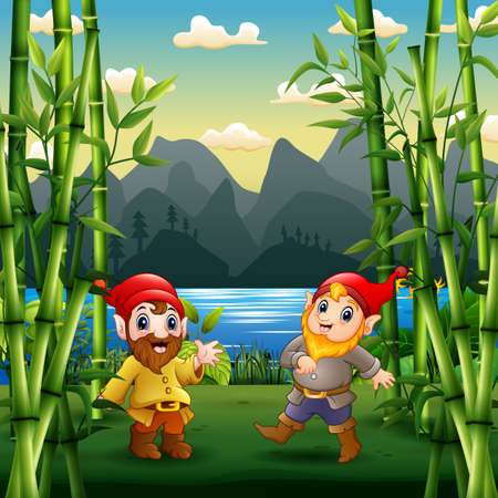 Two cute dwarves in a garden illustrationのイラスト素材