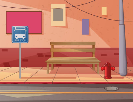 A wooden bench in the sidewalk illustrationのイラスト素材