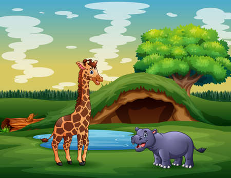 Cartoon of the wild animals enjoying nature near the pondのイラスト素材