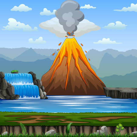 Volcano eruption in a nature scene illustrationのイラスト素材