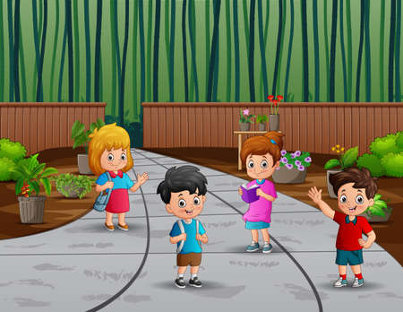 Cartoon school children walking through the parkのイラスト素材