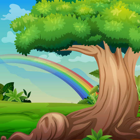 Background scene with a big tree and rainbowのイラスト素材
