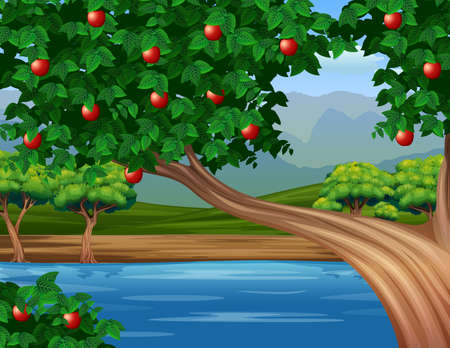 Illustration of an apple tree by the riverのイラスト素材