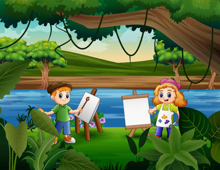 Two children are happy to paint by the riverのイラスト素材