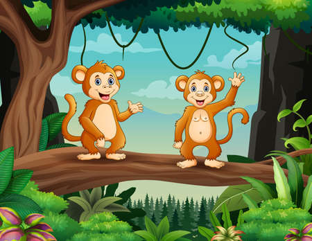 Cartoon two cute monkeys standing on woodのイラスト素材